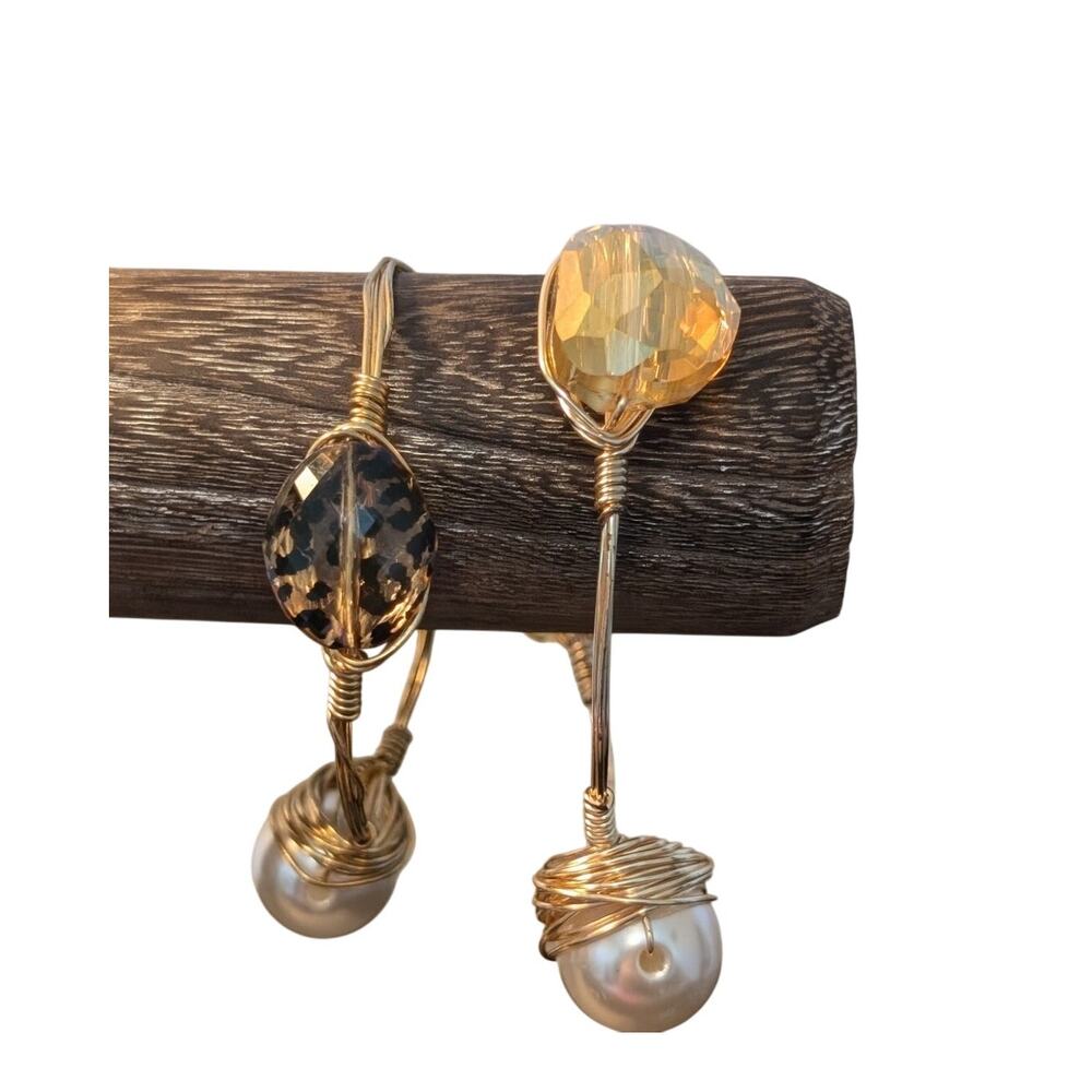 Two Chunky Wire Wrapped Gold Tone Faux Pearl Gem 2.5" Wide Bangle Bracelets